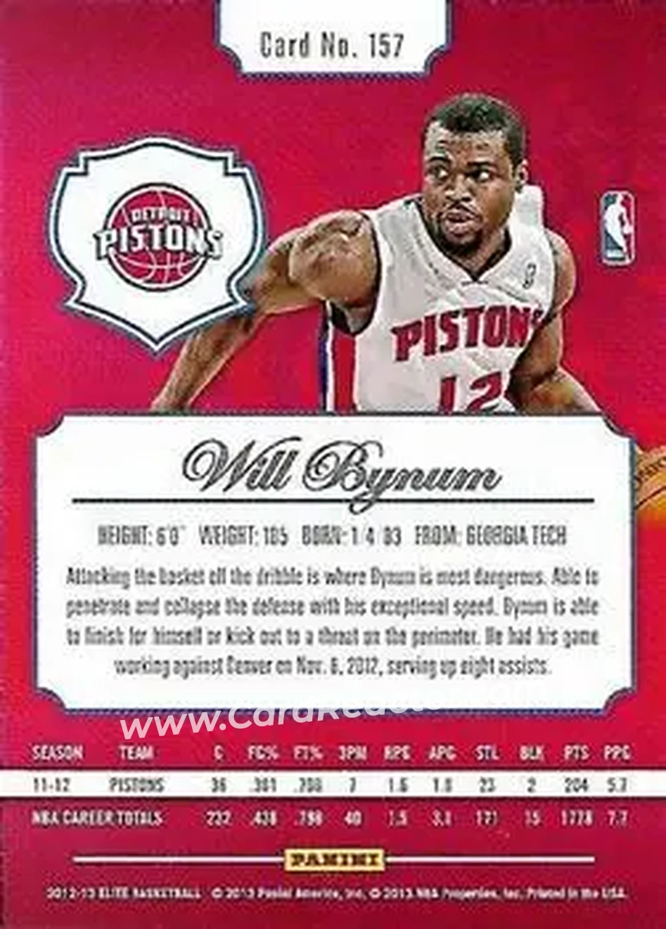 2012-13 Panini Elite #157 - Will Bynum - Detroit Pistons - Back 2012-13 Panini Elite #157 - Will Bynum - Detroit Pistons - Back