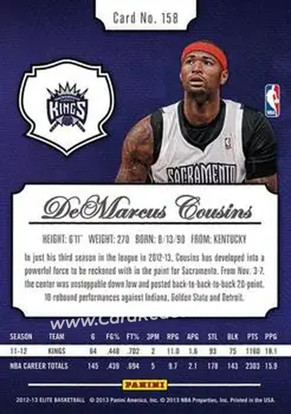 2012-13 Panini Elite #158 - DeMarcus Cousins - Sacramento Kings - Back 2012-13 Panini Elite #158 - DeMarcus Cousins - Sacramento Kings - Back
