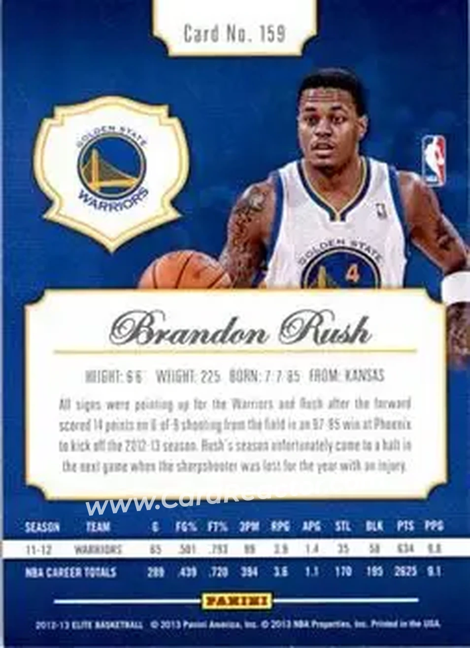 2012-13 Panini Elite #159 - Brandon Rush - Golden State Warriors - Back 2012-13 Panini Elite #159 - Brandon Rush - Golden State Warriors - Back