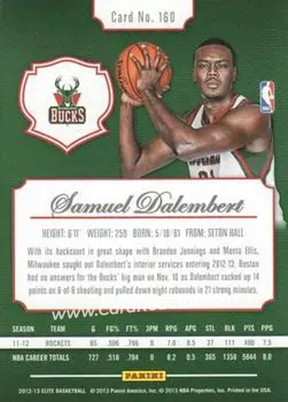 2012-13 Panini Elite #160 - Samuel Dalembert - Milwaukee Bucks - Back 2012-13 Panini Elite #160 - Samuel Dalembert - Milwaukee Bucks - Back