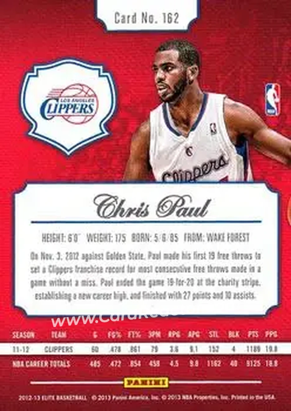 2012-13 Panini Elite #162 - Chris Paul - Los Angeles Clippers - Back