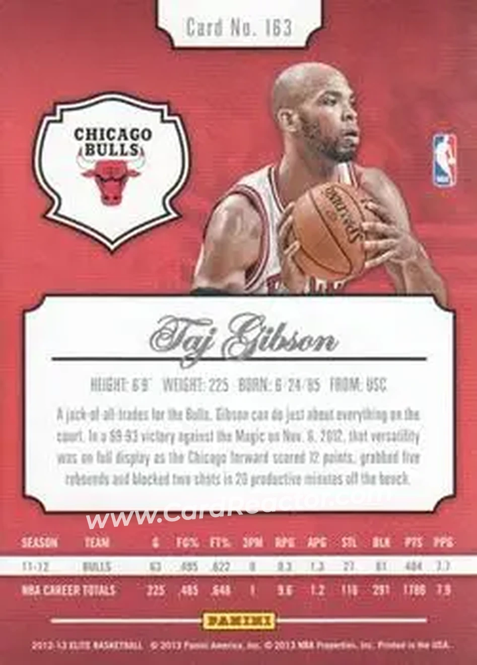 2012-13 Panini Elite #163 - Taj Gibson - Chicago Bulls - Back 2012-13 Panini Elite #163 - Taj Gibson - Chicago Bulls - Back