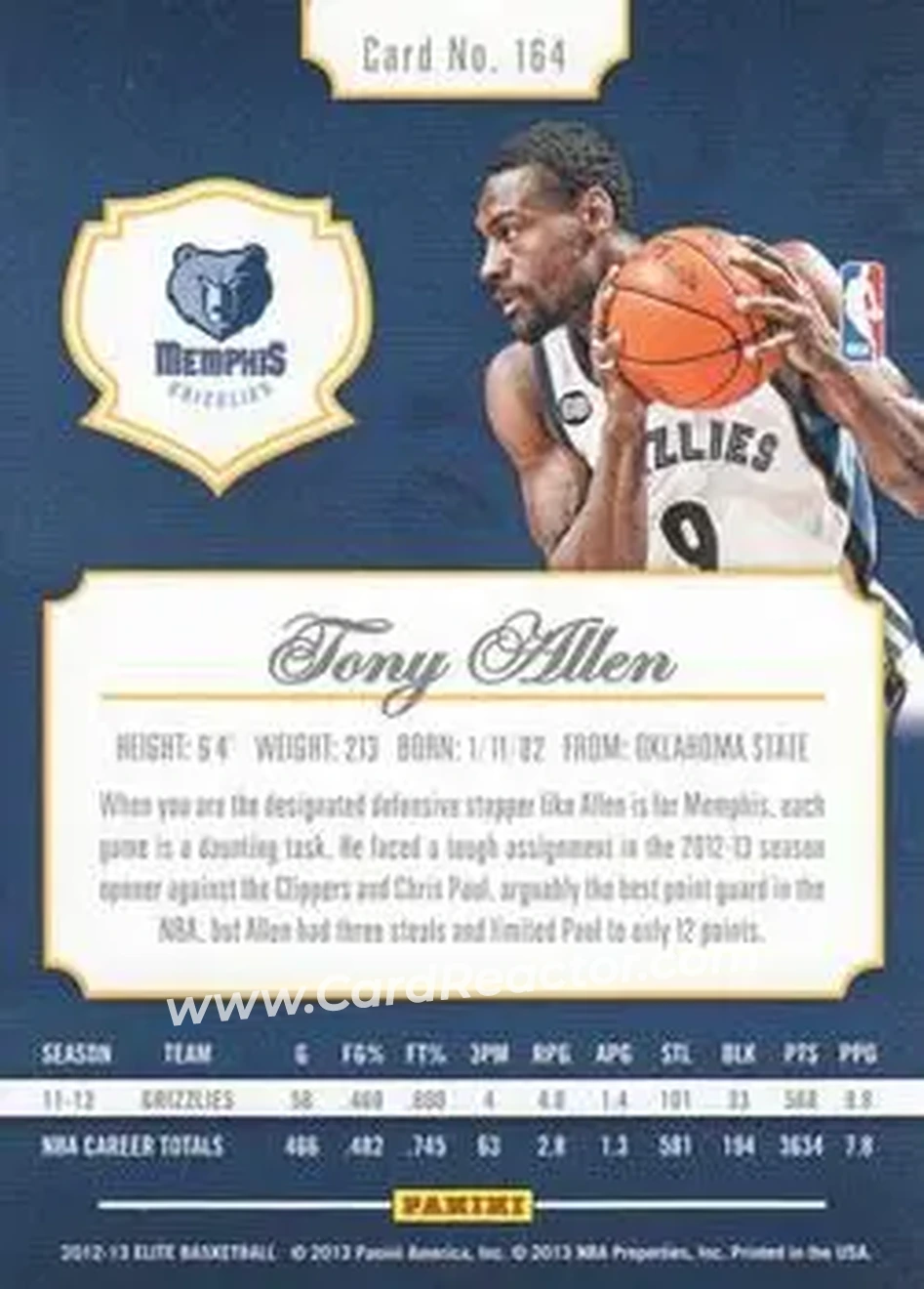 2012-13 Panini Elite #164 - Tony Allen - Memphis Grizzlies - Back 2012-13 Panini Elite #164 - Tony Allen - Memphis Grizzlies - Back