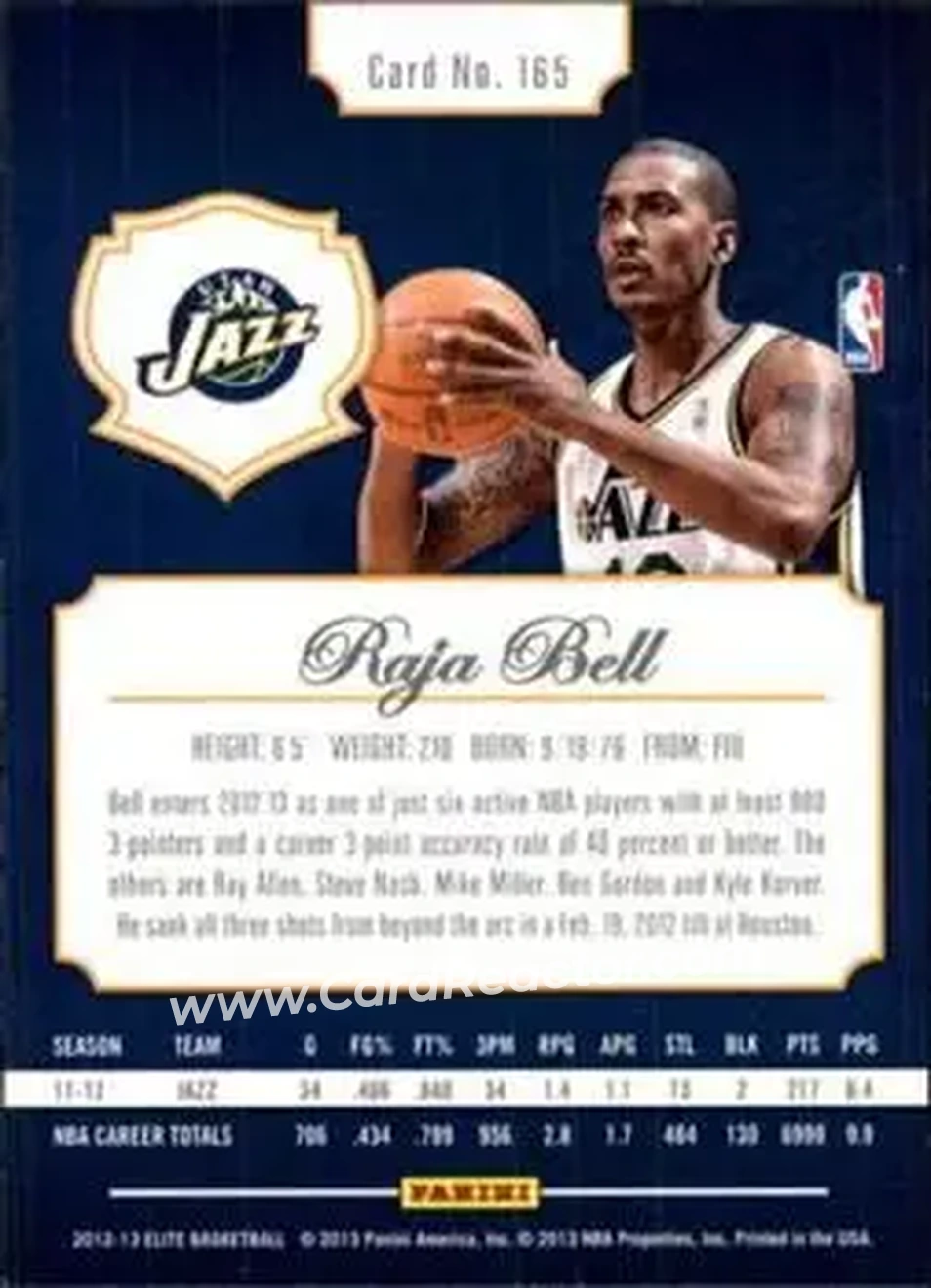 2012-13 Panini Elite #165 - Raja Bell - Utah Jazz - Back
