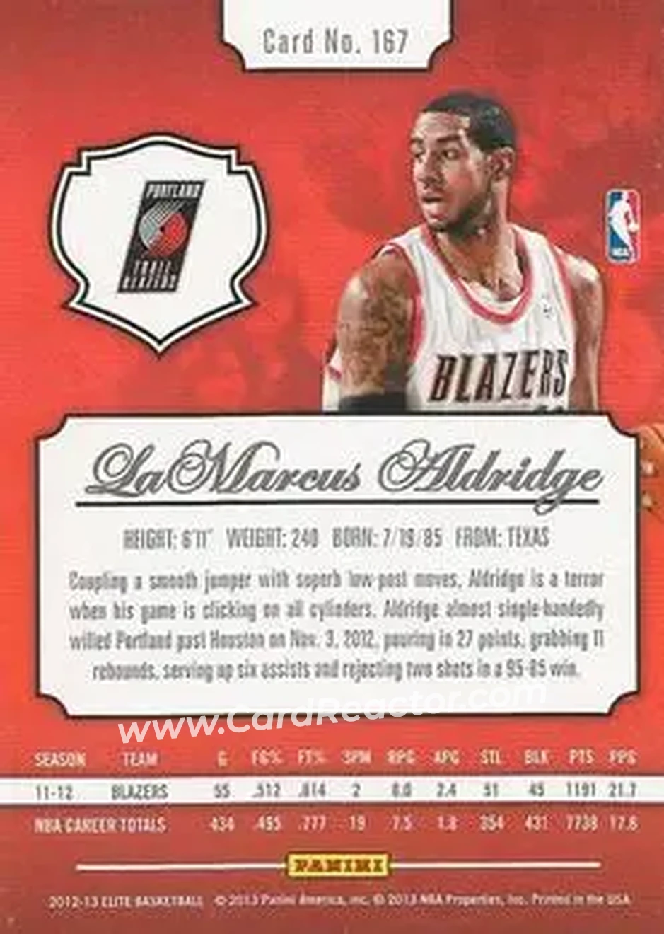 2012-13 Panini Elite #167 - LaMarcus Aldridge - Portland Trail Blazers - Back