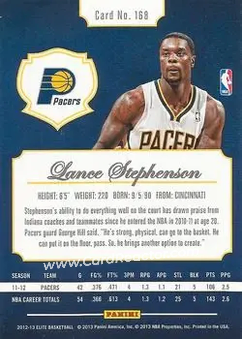 2012-13 Panini Elite #168 - Lance Stephenson - Indiana Pacers - Back 2012-13 Panini Elite #168 - Lance Stephenson - Indiana Pacers - Back