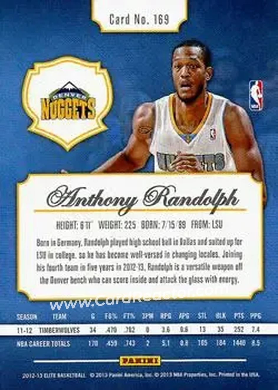 2012-13 Panini Elite #169 - Anthony Randolph - Denver Nuggets - Back 2012-13 Panini Elite #169 - Anthony Randolph - Denver Nuggets - Back