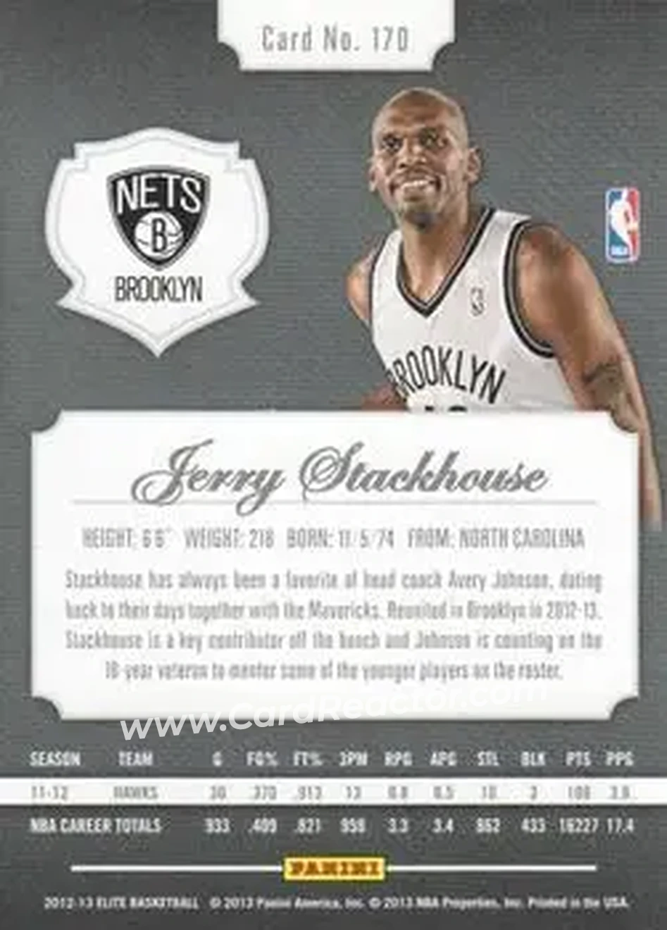 2012-13 Panini Elite #170 - Jerry Stackhouse - Brooklyn Nets - Back 2012-13 Panini Elite #170 - Jerry Stackhouse - Brooklyn Nets - Back