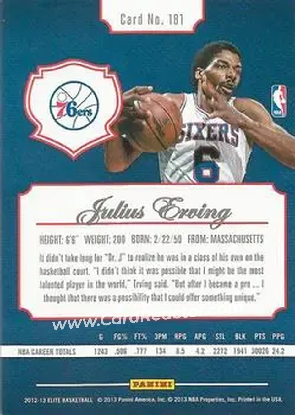 2012-13 Panini Elite #181 - Julius Erving - Philadelphia 76ers - Back 2012-13 Panini Elite #181 - Julius Erving - Philadelphia 76ers - Back