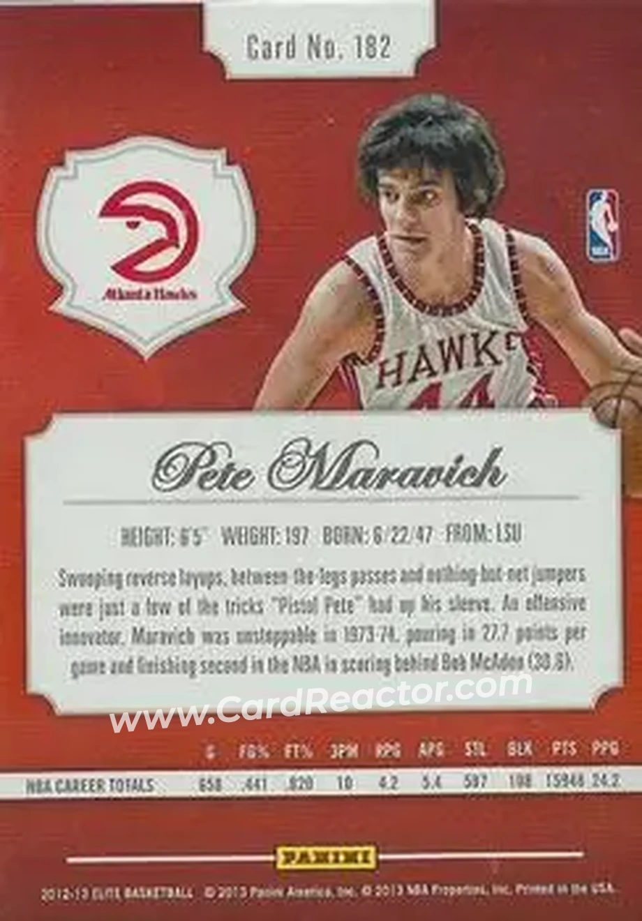 2012-13 Panini Elite #182 - Pete Maravich - Atlanta Hawks - Back