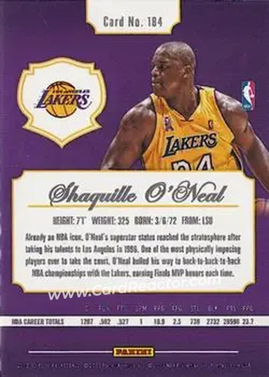 2012-13 Panini Elite #184 - Shaquille O'Neal - Los Angeles Lakers - Back 2012-13 Panini Elite #184 - Shaquille O'Neal - Los Angeles Lakers - Back