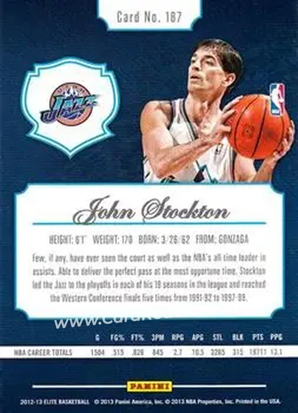 2012-13 Panini Elite #187 - John Stockton - Utah Jazz - Back 2012-13 Panini Elite #187 - John Stockton - Utah Jazz - Back