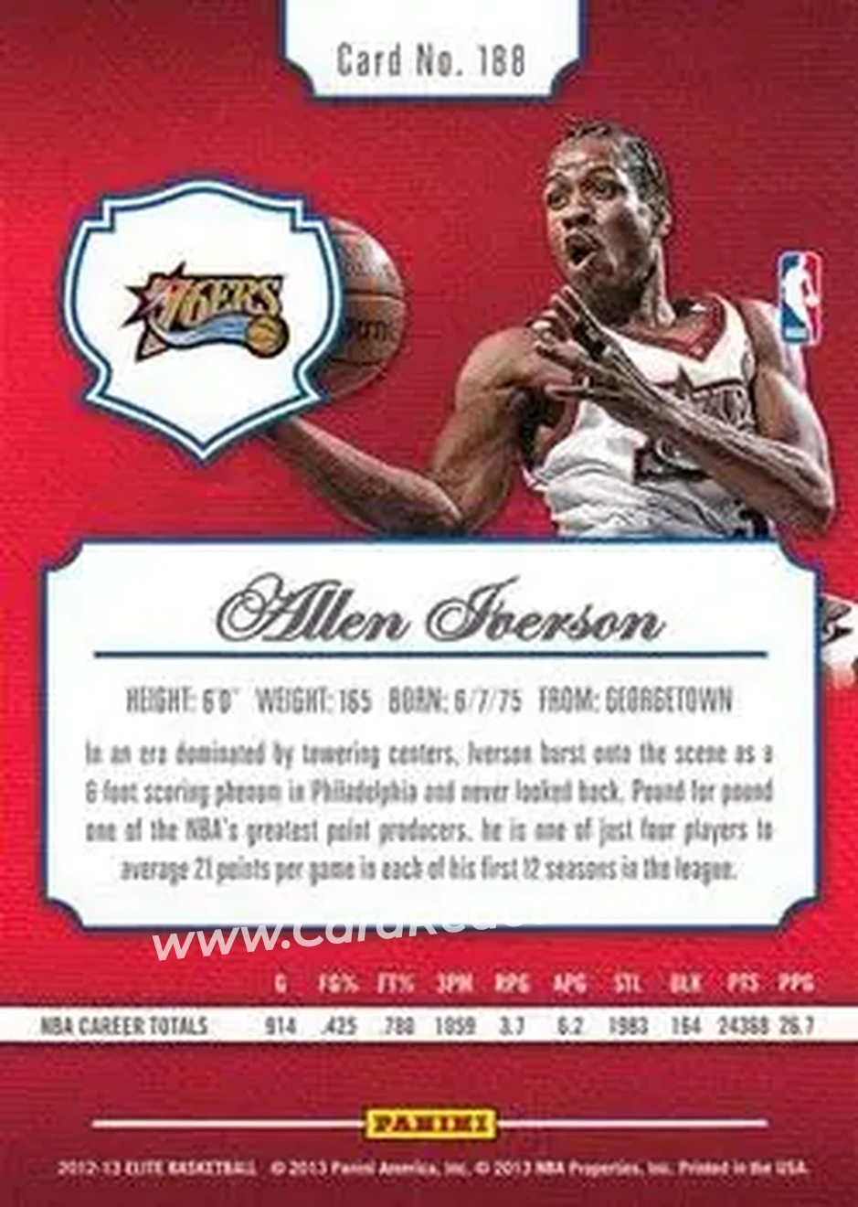 2012-13 Panini Elite #188 - Allen Iverson - Philadelphia 76ers - Back