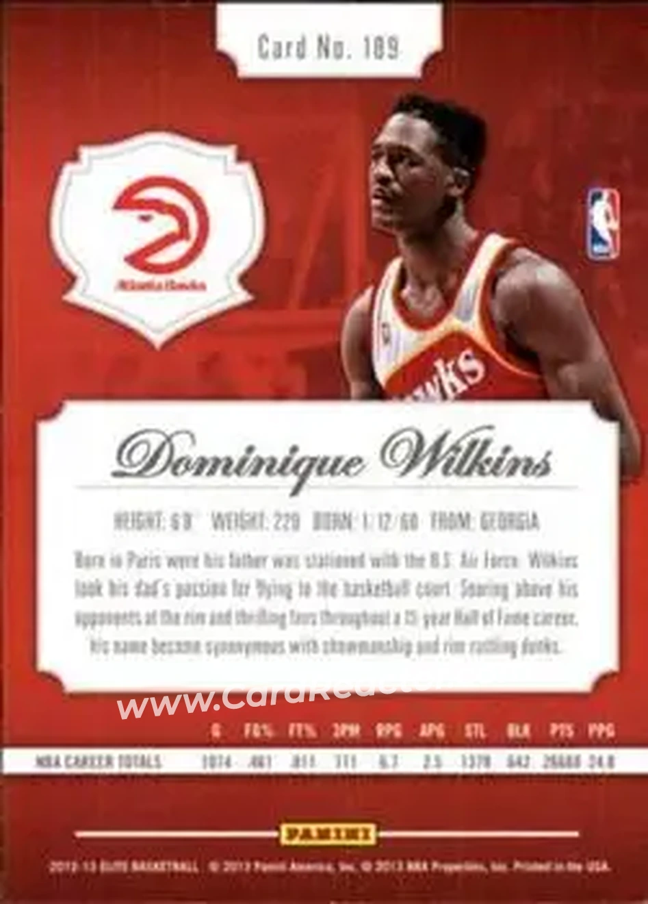 2012-13 Panini Elite #189 - Dominique Wilkins - Atlanta Hawks - Back