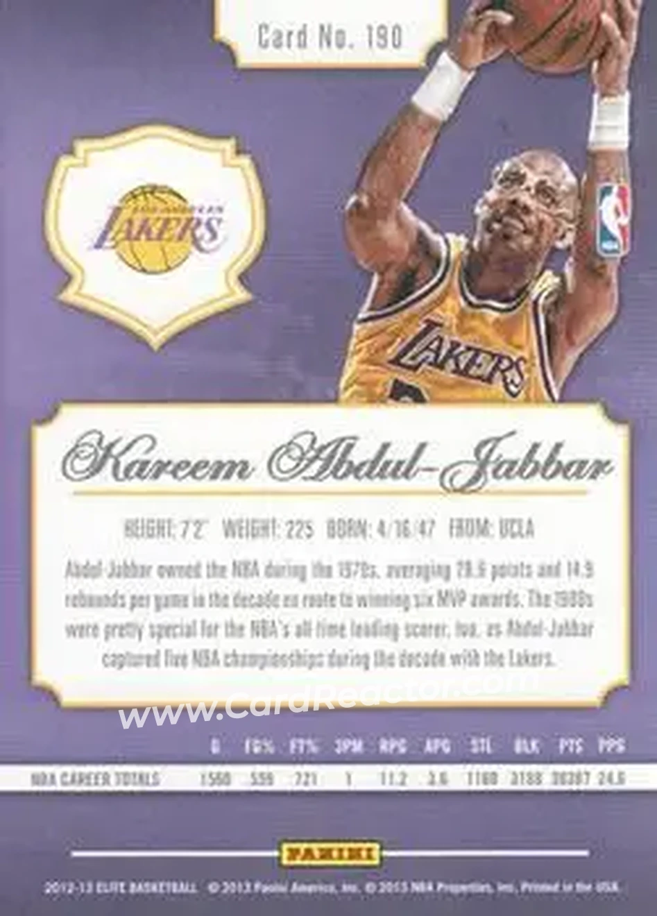 2012-13 Panini Elite #190 - Kareem Abdul-Jabbar - Los Angeles Lakers - Back