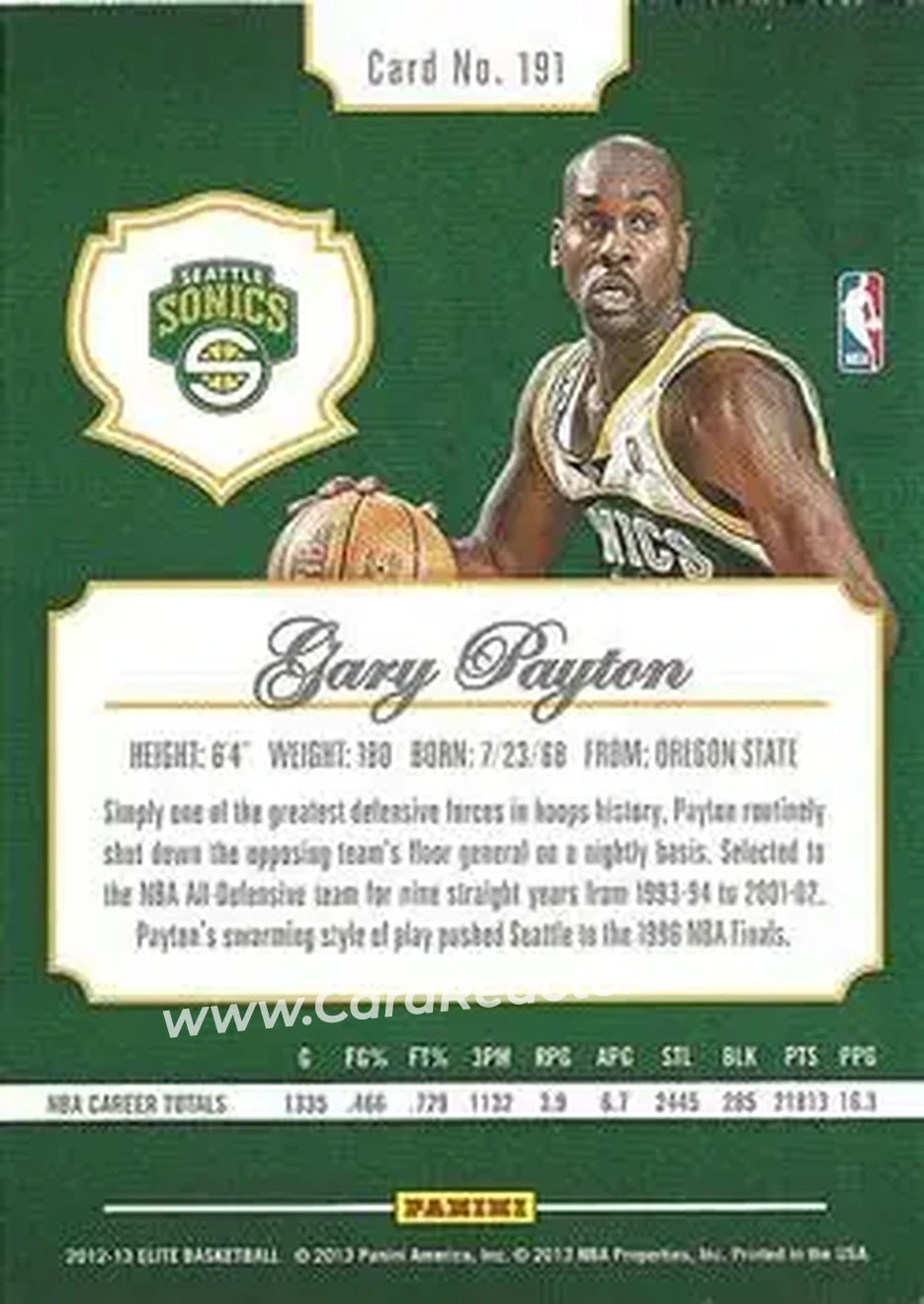 2012-13 Panini Elite #191 - Gary Payton - Seattle SuperSonics - Back