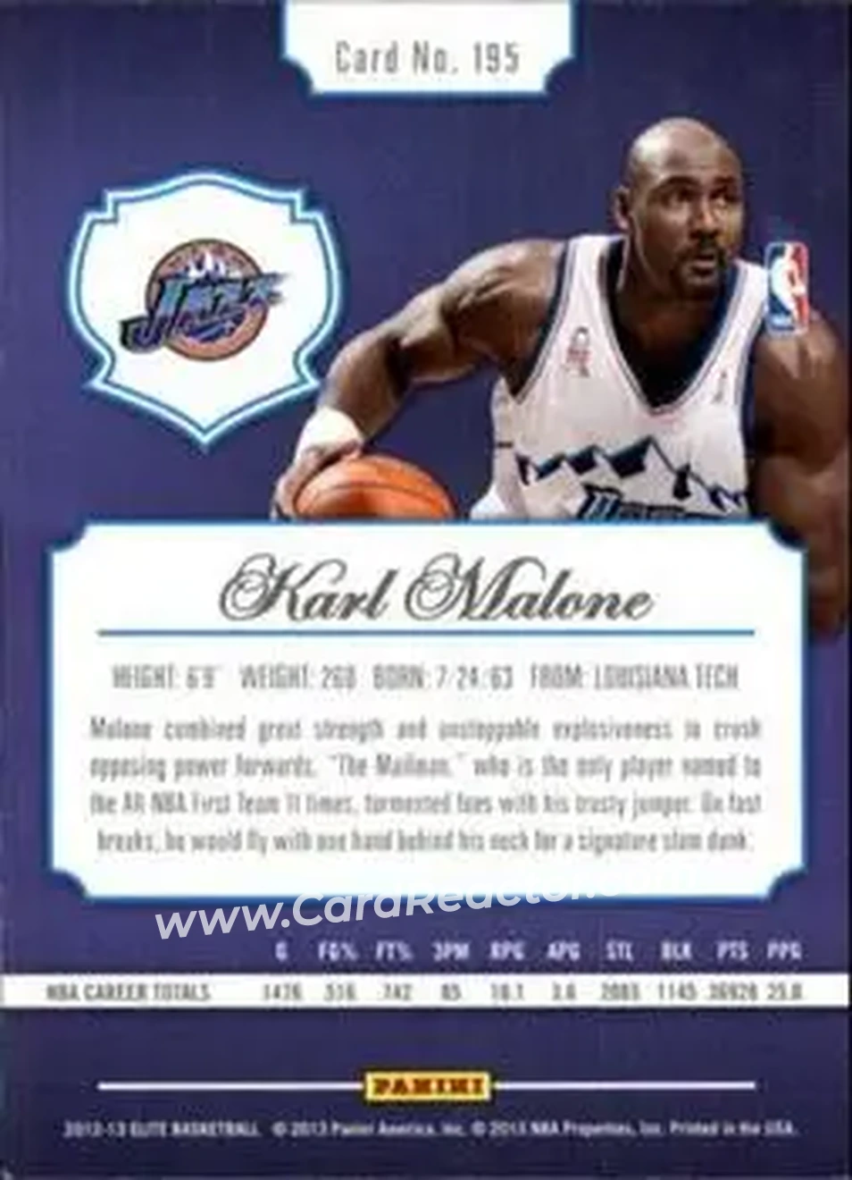 2012-13 Panini Elite #195 - Karl Malone - Utah Jazz - Back
