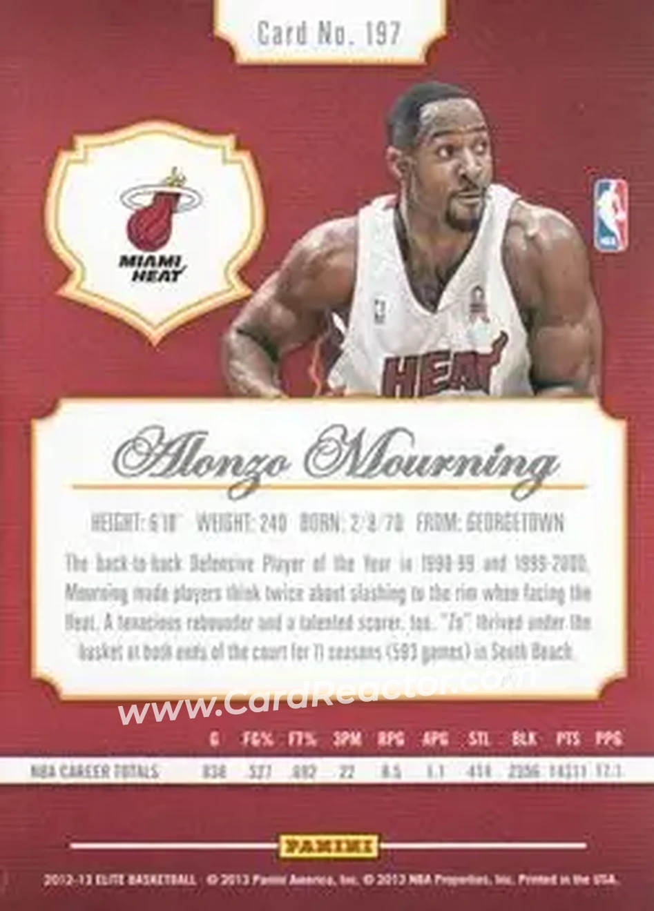 2012-13 Panini Elite #197 - Alonzo Mourning - Miami Heat - Back 2012-13 Panini Elite #197 - Alonzo Mourning - Miami Heat - Back