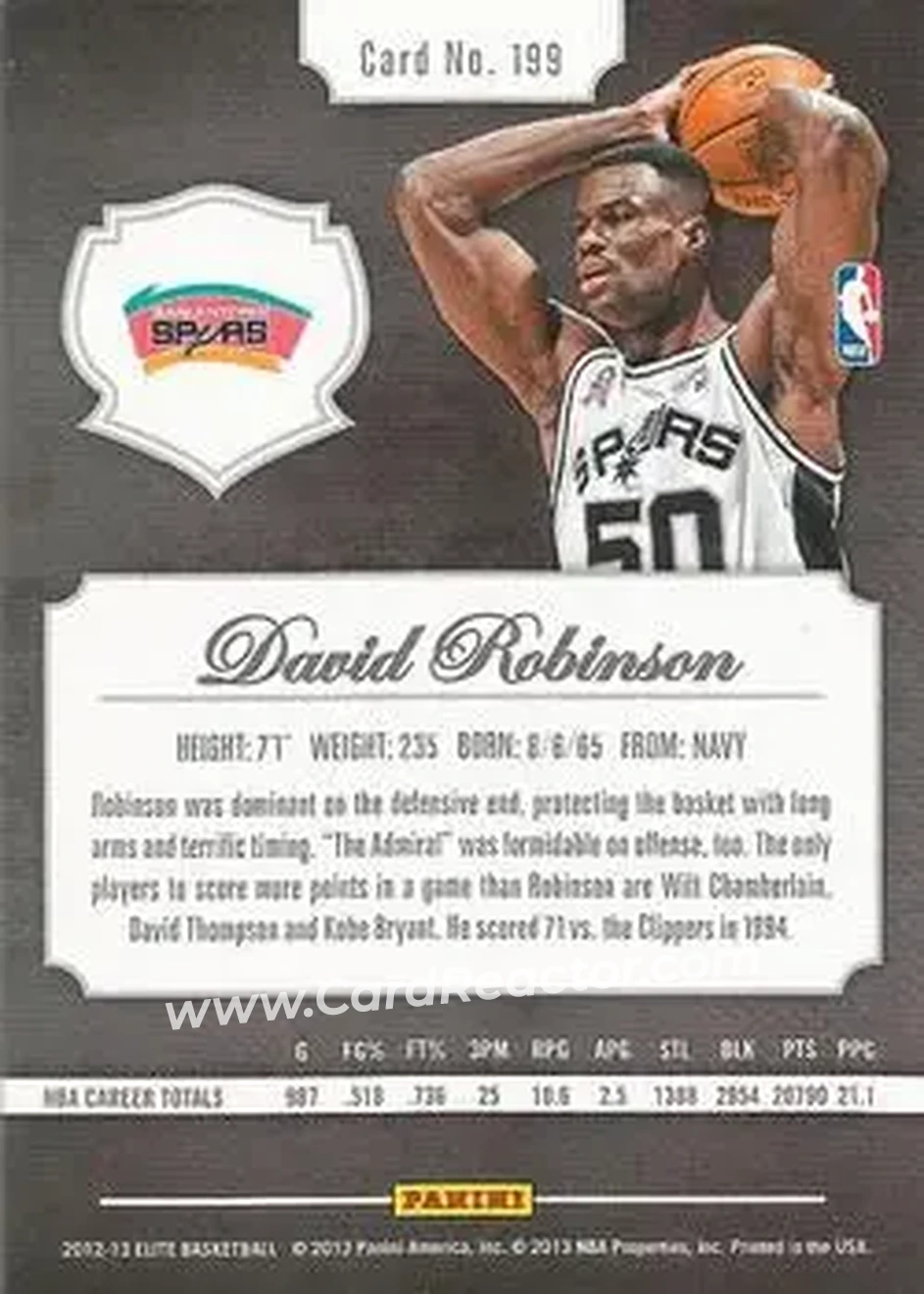2012-13 Panini Elite #199 - David Robinson - San Antonio Spurs - Back
