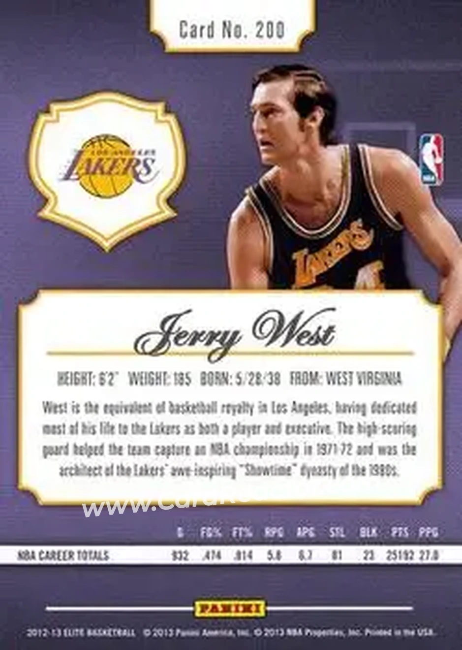 2012-13 Panini Elite #200 - Jerry West - Los Angeles Lakers - Back 2012-13 Panini Elite #200 - Jerry West - Los Angeles Lakers - Back