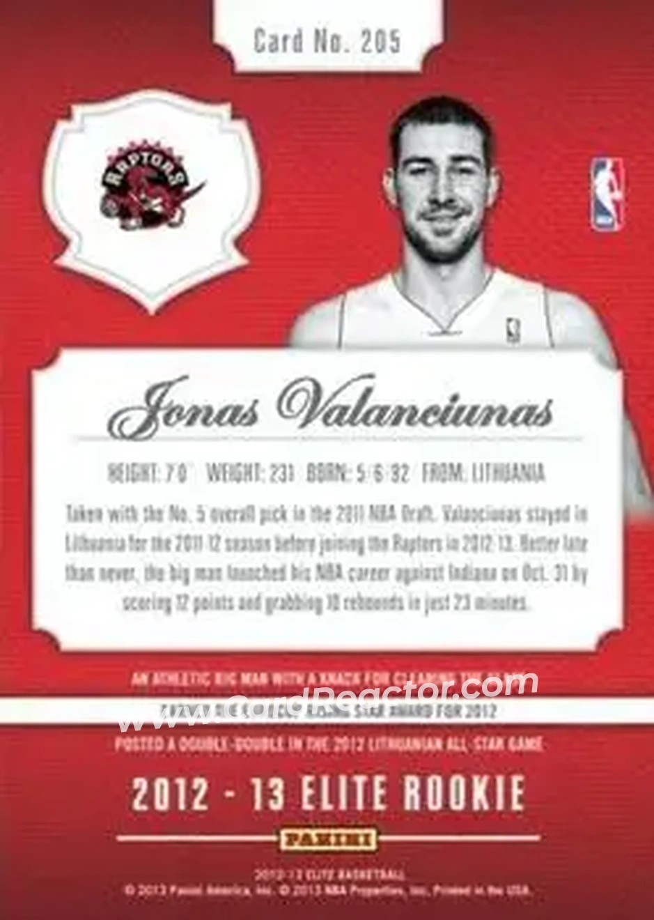 2012-13 Panini Elite #205 - Jonas Valančiūnas - Toronto Raptors - Back