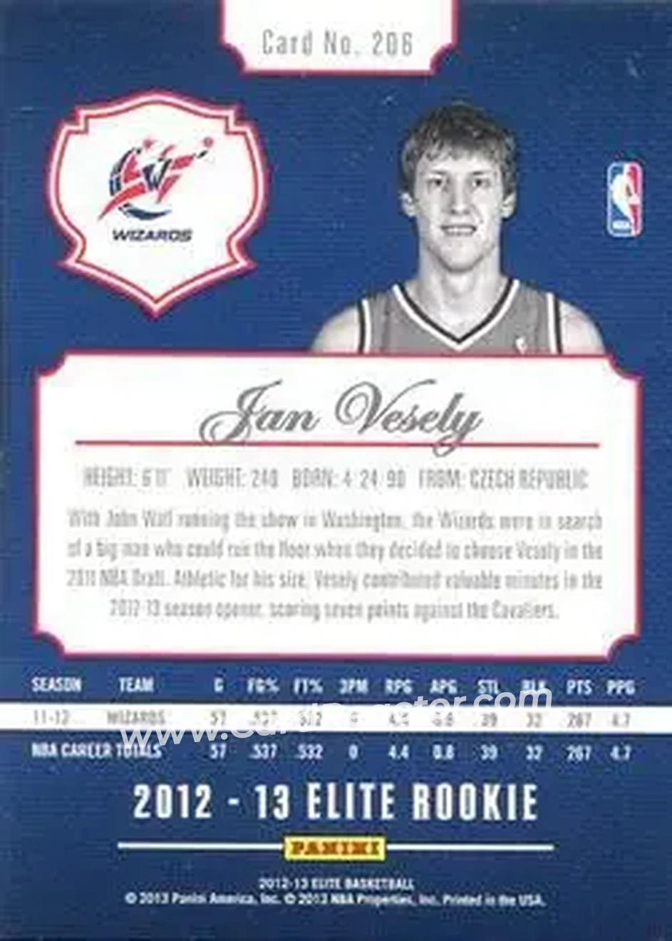 2012-13 Panini Elite #206 - Jan Veselý - Washington Wizards - Back