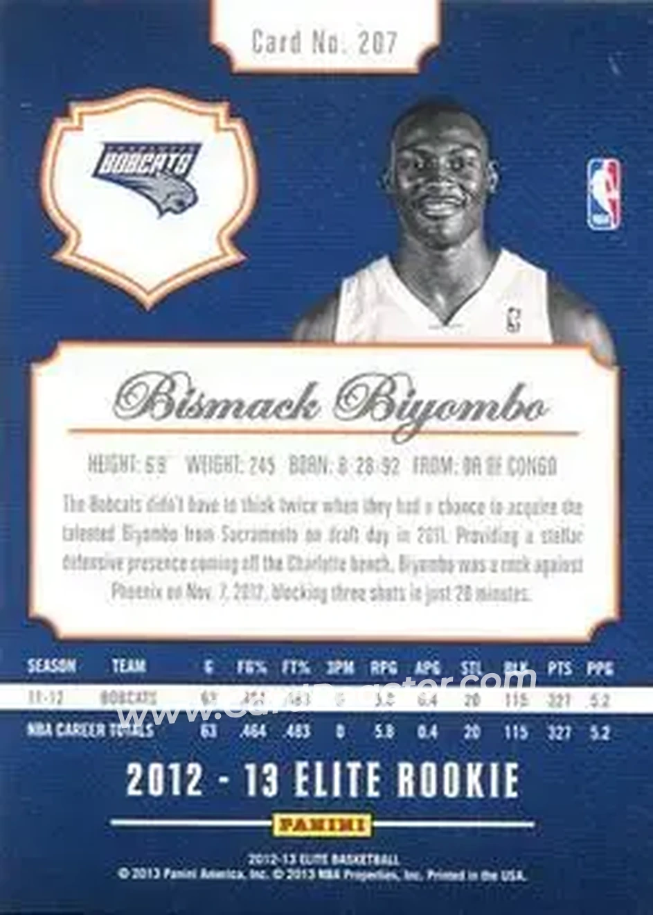 2012-13 Panini Elite #207 - Bismack Biyombo - Charlotte Bobcats - Back 2012-13 Panini Elite #207 - Bismack Biyombo - Charlotte Bobcats - Back