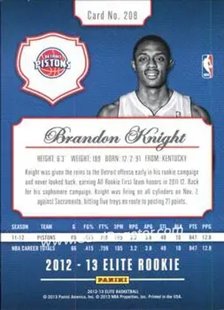 2012-13 Panini Elite #208 - Brandon Knight - Detroit Pistons - Back
