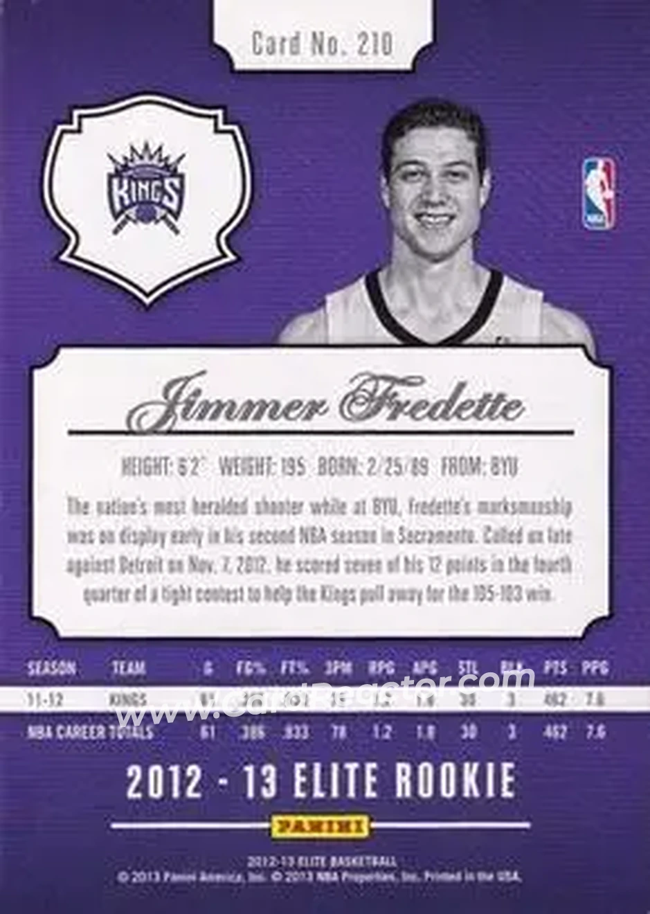 2012-13 Panini Elite #210 - Jimmer Fredette - Sacramento Kings - Back