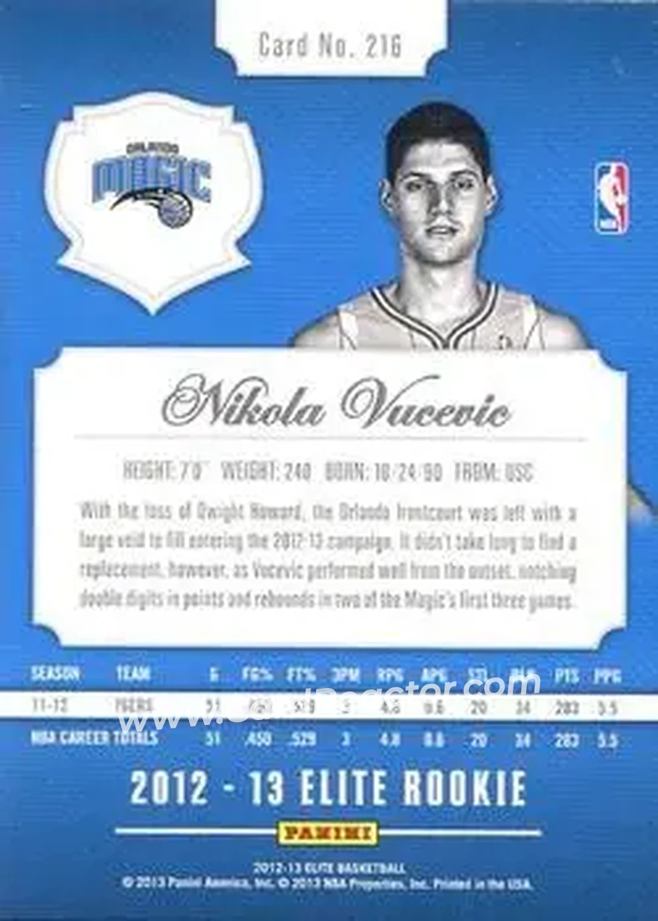 2012-13 Panini Elite #216 - Nikola Vučević - Orlando Magic - Back