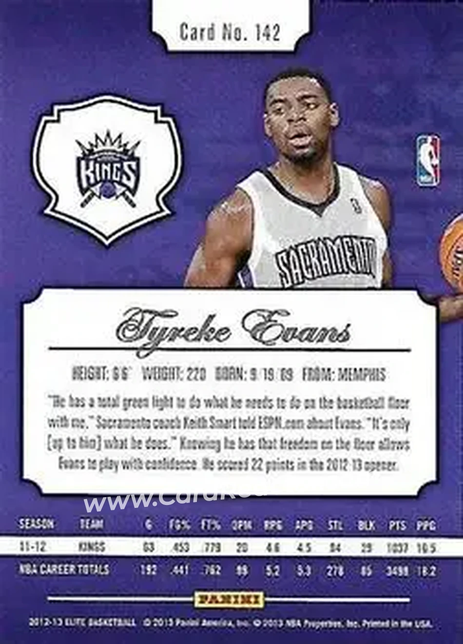 2012-13 Panini Elite #142 - Tyreke Evans - Sacramento Kings - Back 2012-13 Panini Elite #142 - Tyreke Evans - Sacramento Kings - Back