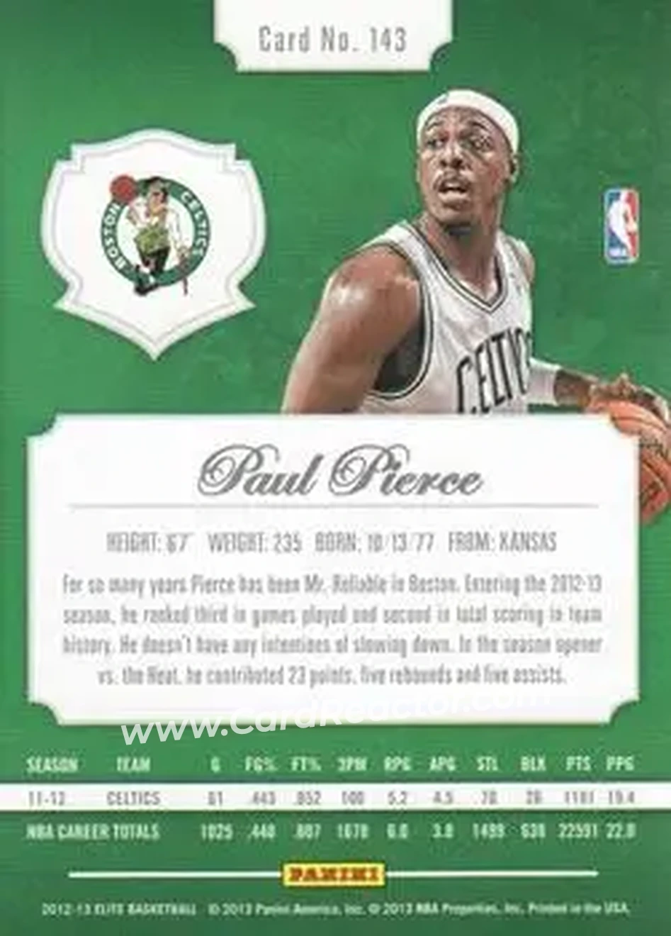 2012-13 Panini Elite #143 - Paul Pierce - Boston Celtics - Back 2012-13 Panini Elite #143 - Paul Pierce - Boston Celtics - Back