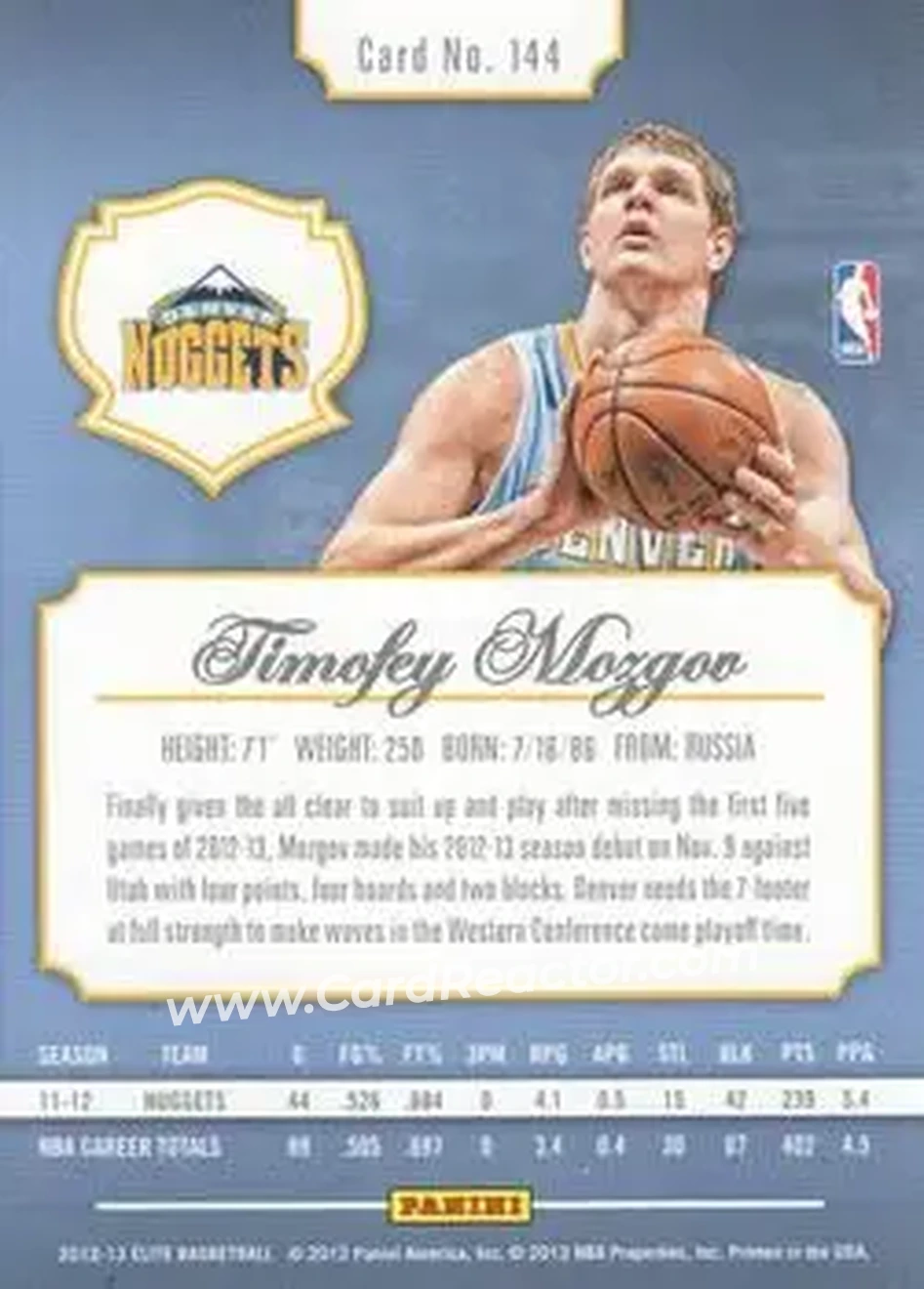 2012-13 Panini Elite #144 - Timofey Mozgov - Denver Nuggets - Back