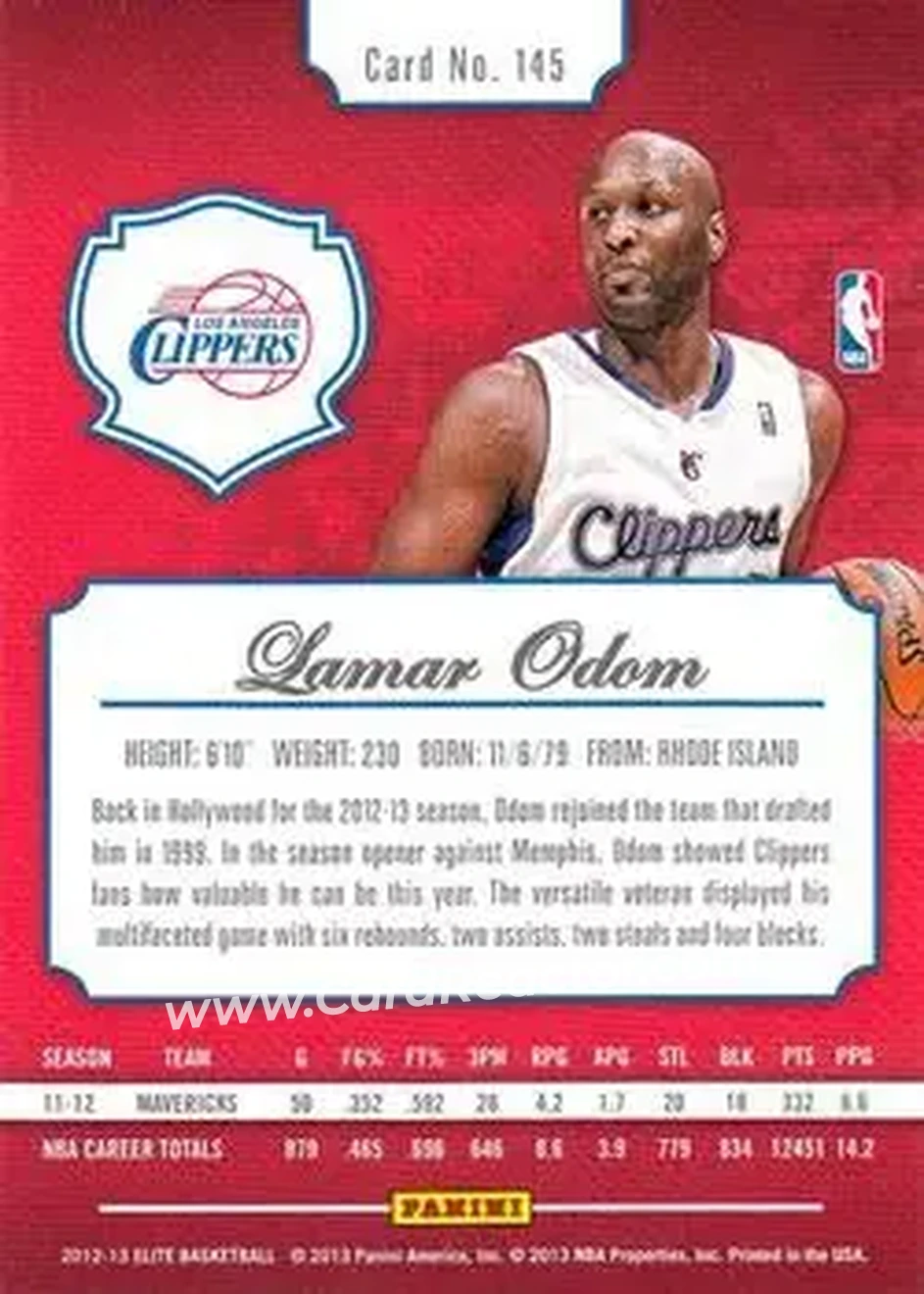 2012-13 Panini Elite #145 - Lamar Odom - Los Angeles Clippers - Back