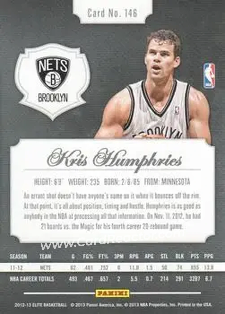 2012-13 Panini Elite #146 - Kris Humphries - Brooklyn Nets - Back 2012-13 Panini Elite #146 - Kris Humphries - Brooklyn Nets - Back