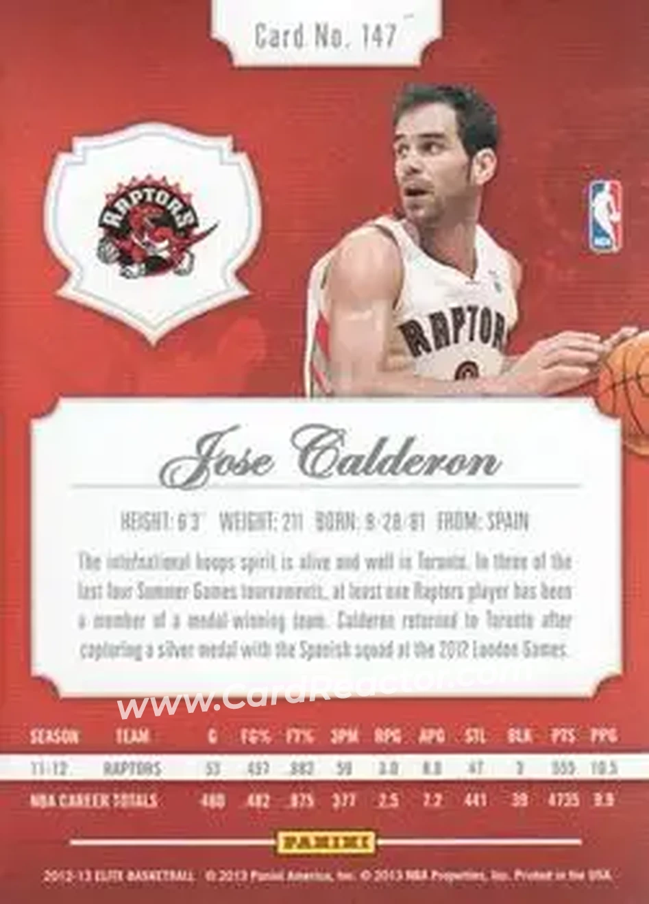 2012-13 Panini Elite #147 - José Calderón - Toronto Raptors - Back