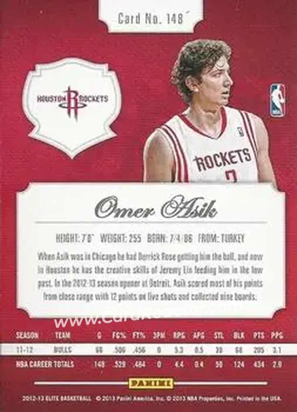 2012-13 Panini Elite #148 - Omer Asik - Houston Rockets - Back