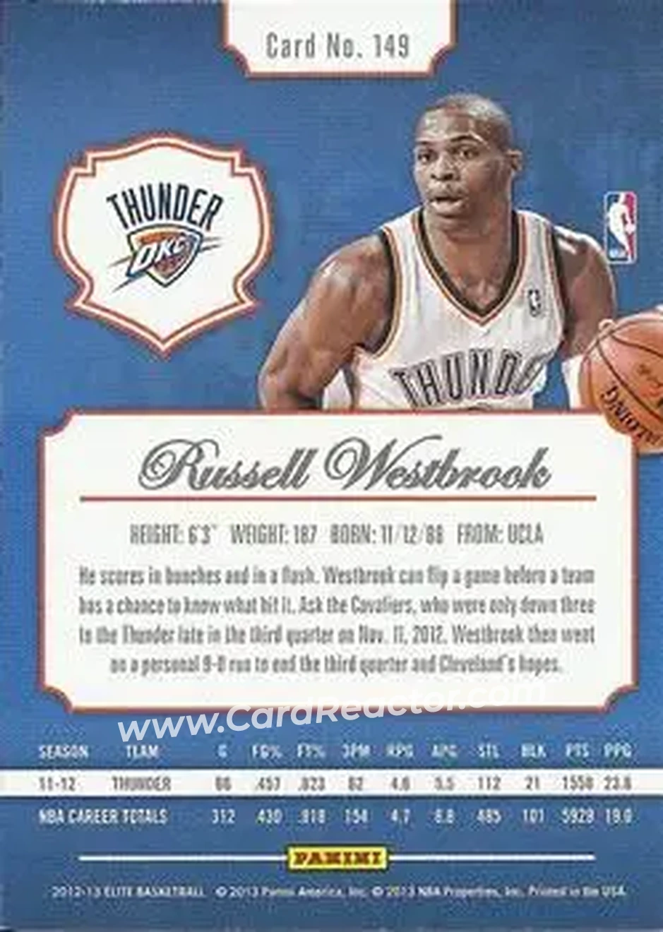 2012-13 Panini Elite #149 - Russell Westbrook - Oklahoma City Thunder - Back