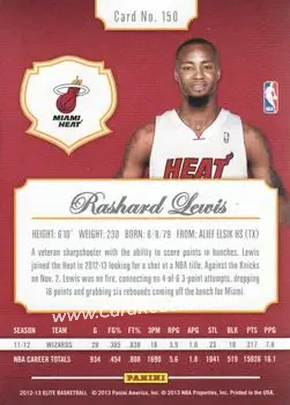 2012-13 Panini Elite #150 - Rashard Lewis - Miami Heat - Back