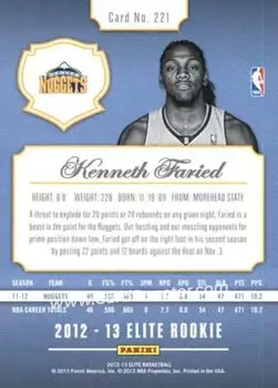 2012-13 Panini Elite #221 - Kenneth Faried - Denver Nuggets - Back