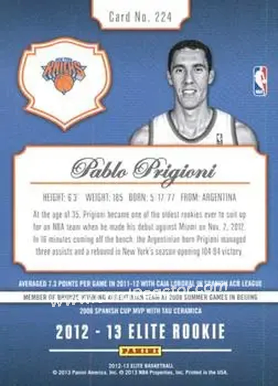 2012-13 Panini Elite #224 - Pablo Prigioni - New York Knicks - Back