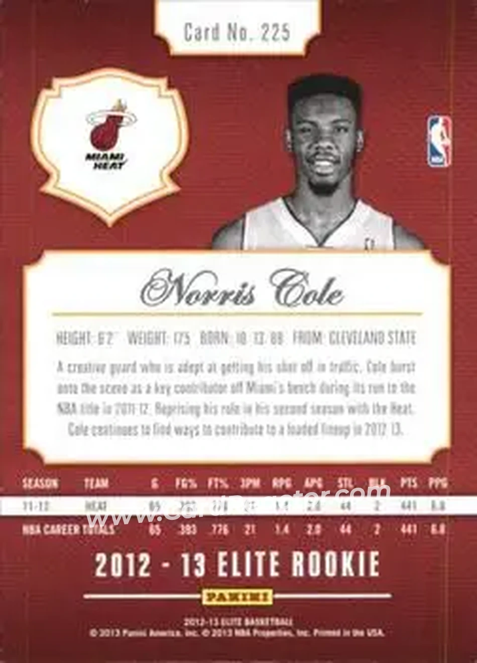 2012-13 Panini Elite #225 - Norris Cole - Miami Heat - Back 2012-13 Panini Elite #225 - Norris Cole - Miami Heat - Back