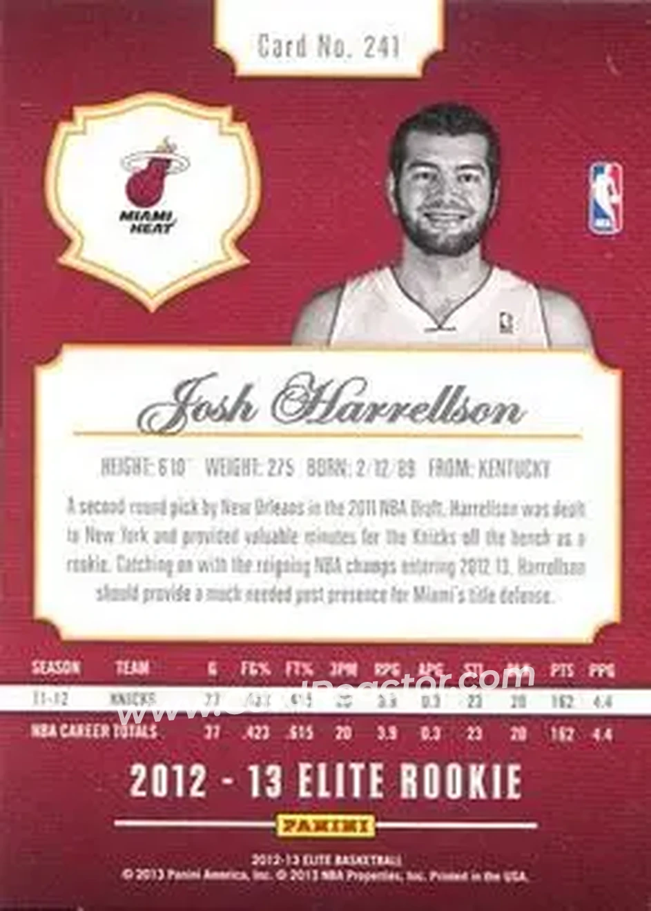 2012-13 Panini Elite #241 - Josh Harrellson - Miami Heat - Back 2012-13 Panini Elite #241 - Josh Harrellson - Miami Heat - Back