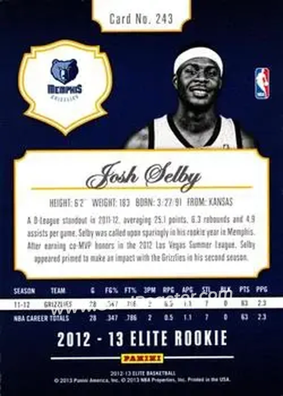 2012-13 Panini Elite #243 - Josh Selby - Memphis Grizzlies - Back 2012-13 Panini Elite #243 - Josh Selby - Memphis Grizzlies - Back