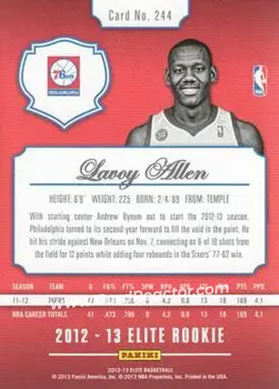 2012-13 Panini Elite #244 - Lavoy Allen - Philadelphia 76ers - Back