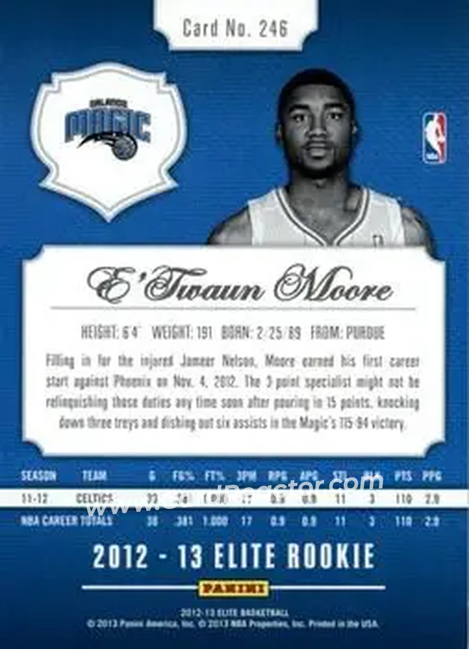 2012-13 Panini Elite #246 - E'Twaun Moore - Orlando Magic - Back