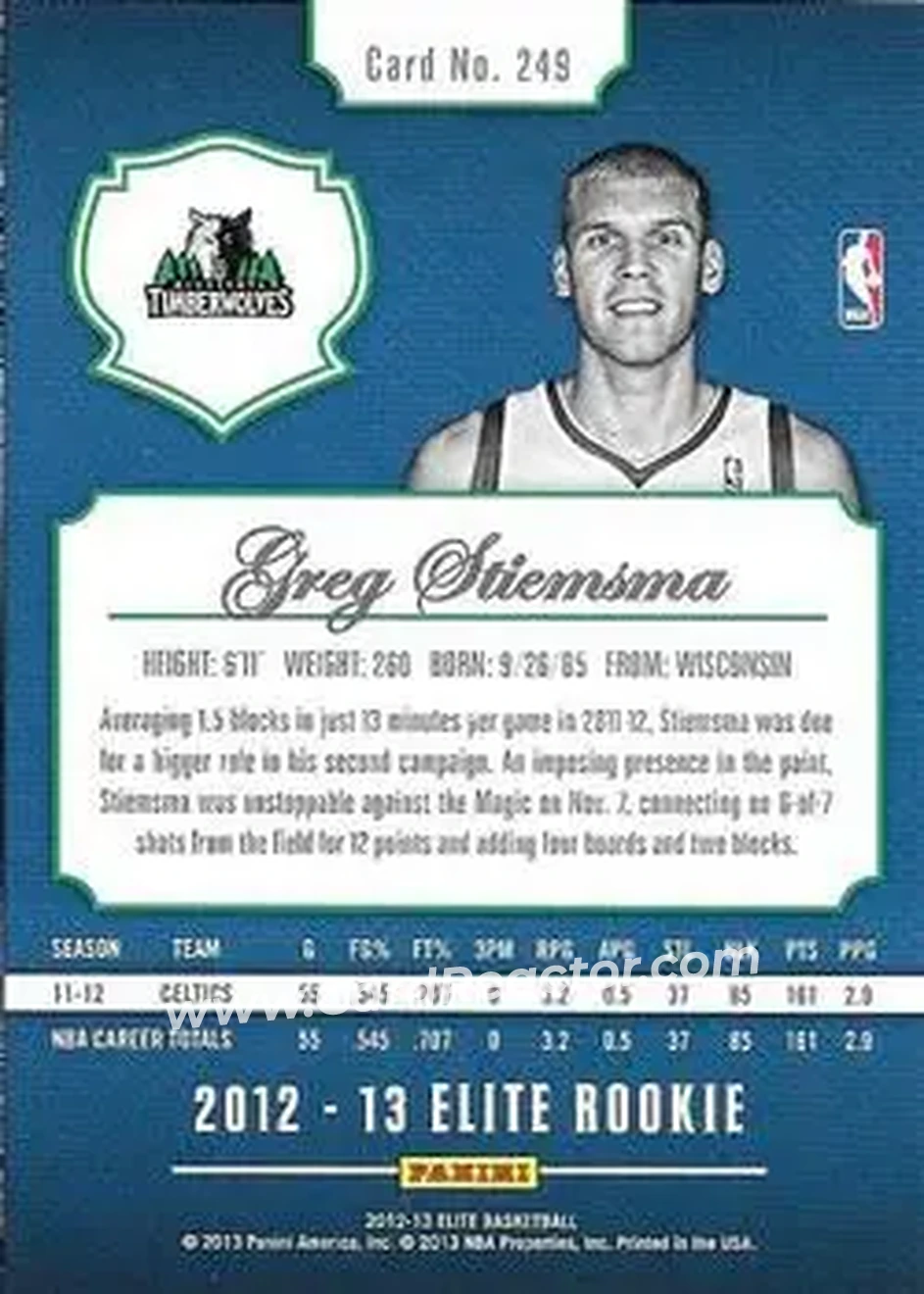 2012-13 Panini Elite #249 - Greg Stiemsma - Minnesota Timberwolves - Back 2012-13 Panini Elite #249 - Greg Stiemsma - Minnesota Timberwolves - Back