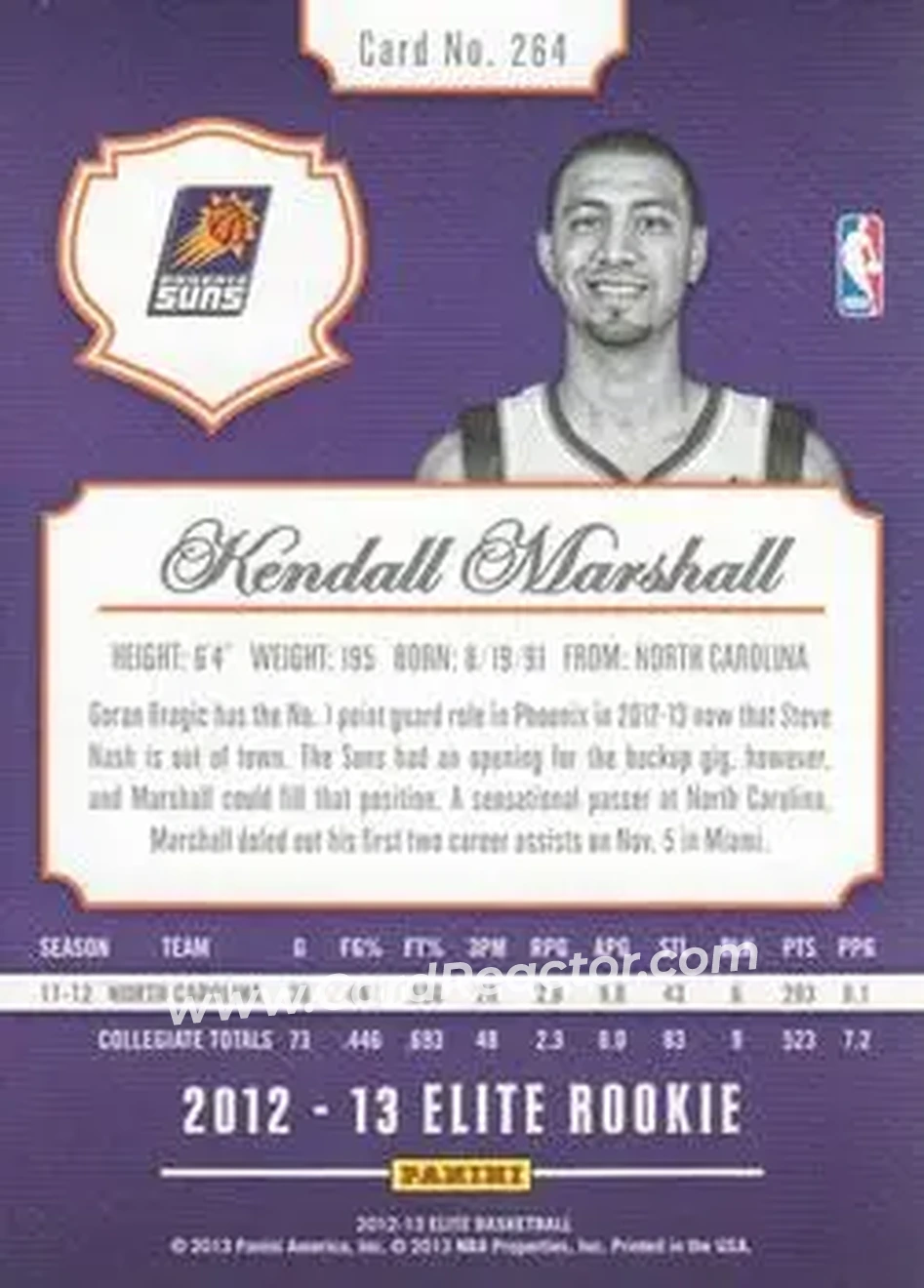 2012-13 Panini Elite #264 - Kendall Marshall - Phoenix Suns - Back