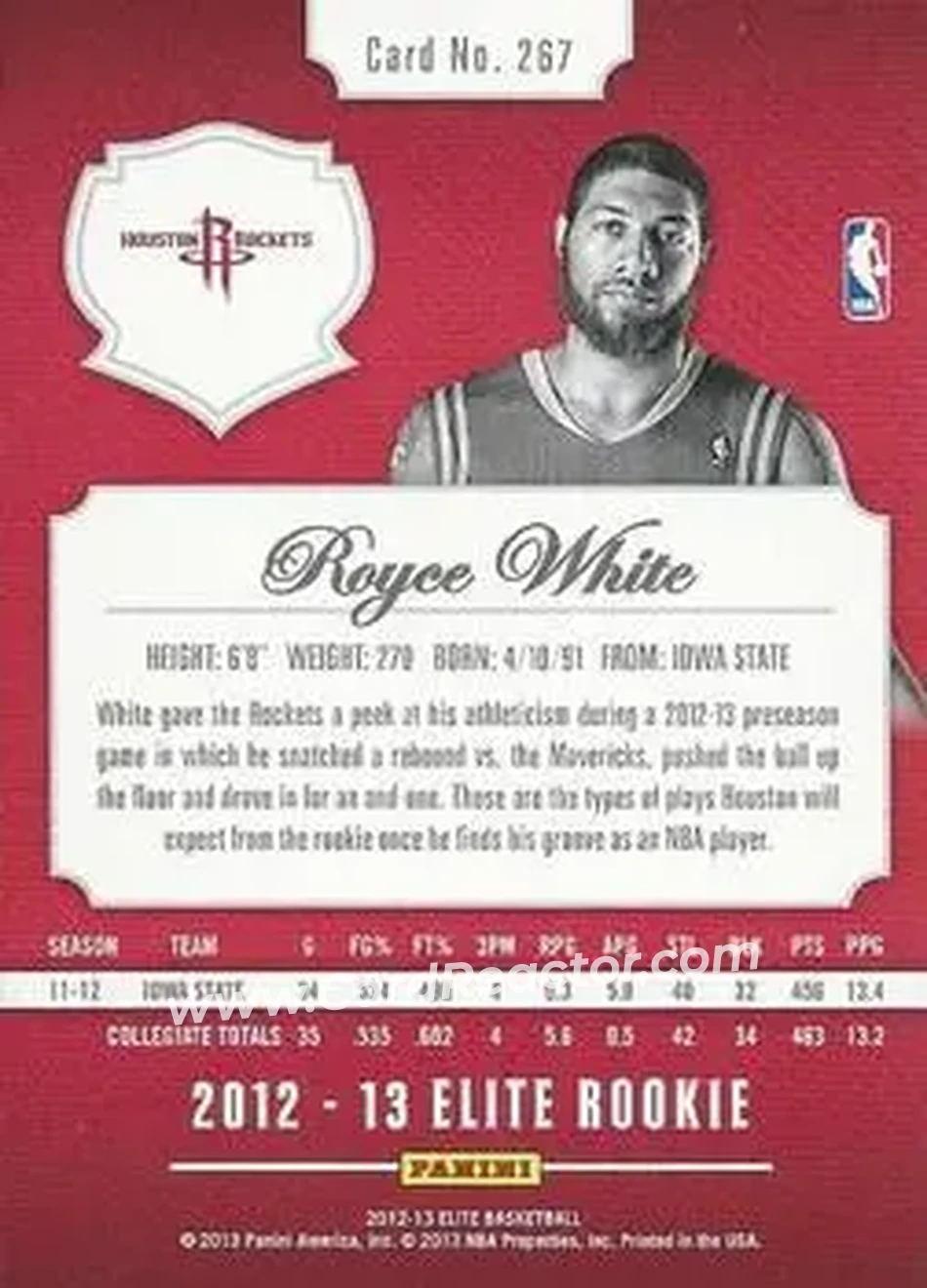 2012-13 Panini Elite #267 - Royce White - Houston Rockets - Back