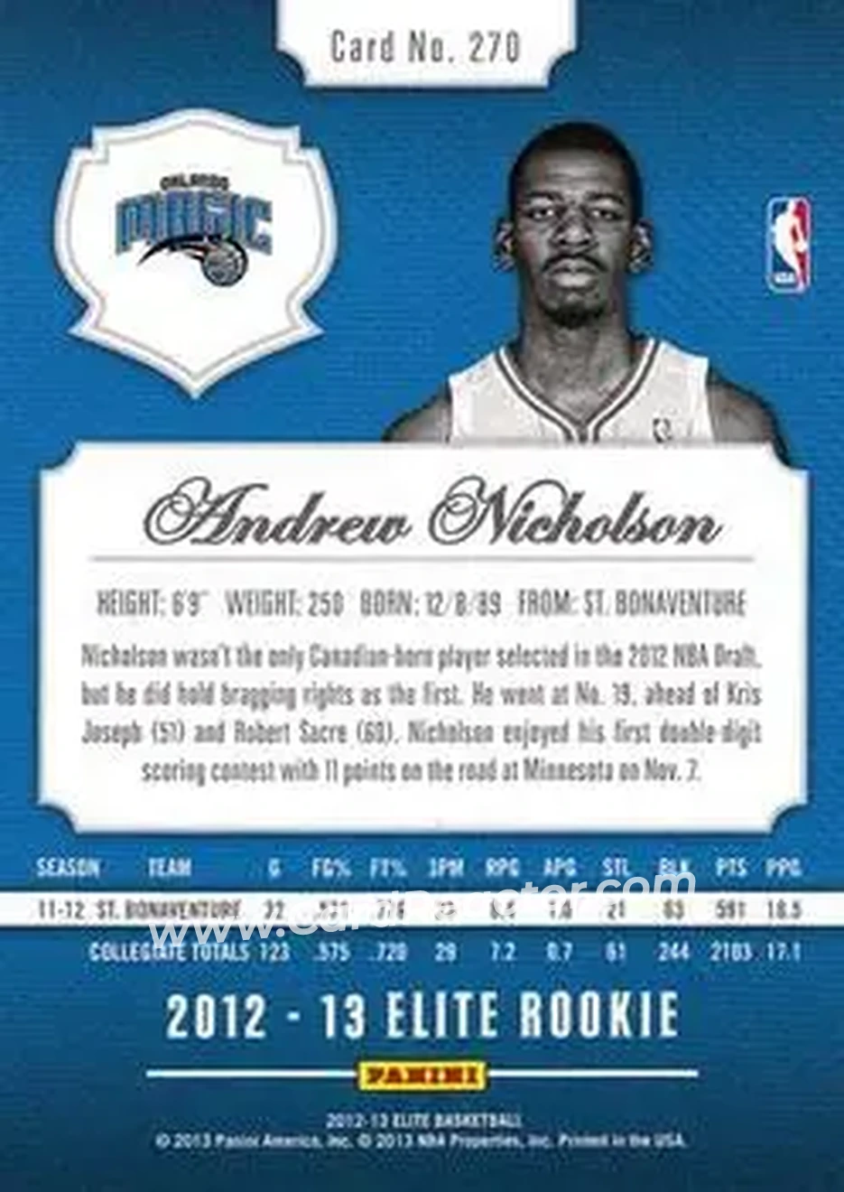 2012-13 Panini Elite #270 - Andrew Nicholson - Orlando Magic - Back 2012-13 Panini Elite #270 - Andrew Nicholson - Orlando Magic - Back